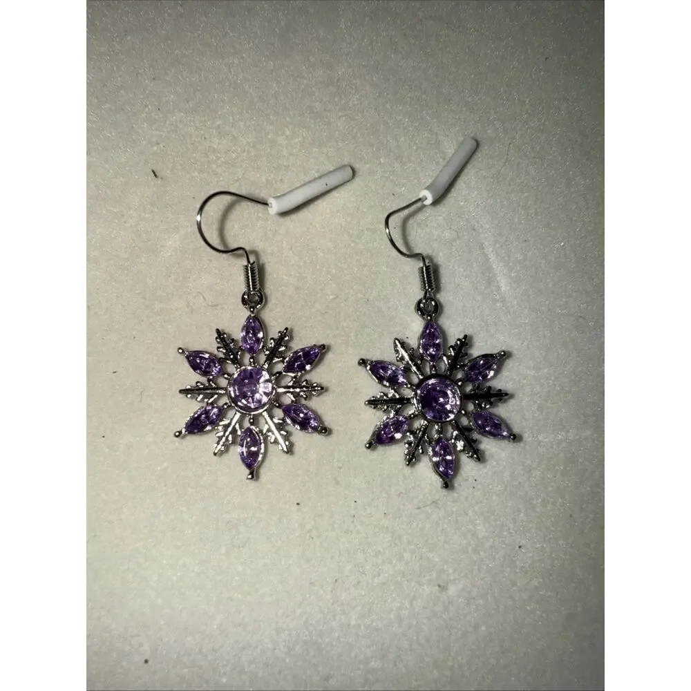 NWT Fashion Christmas Purple Rhinestone Snowflake Dangle Earrings